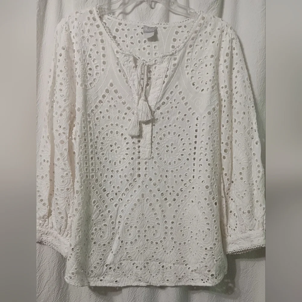 Chicos Eyelet Tunic Top White Tassled Cotton Cottagecore Boho Coastal SZ 16/18 - Picture 1 of 10